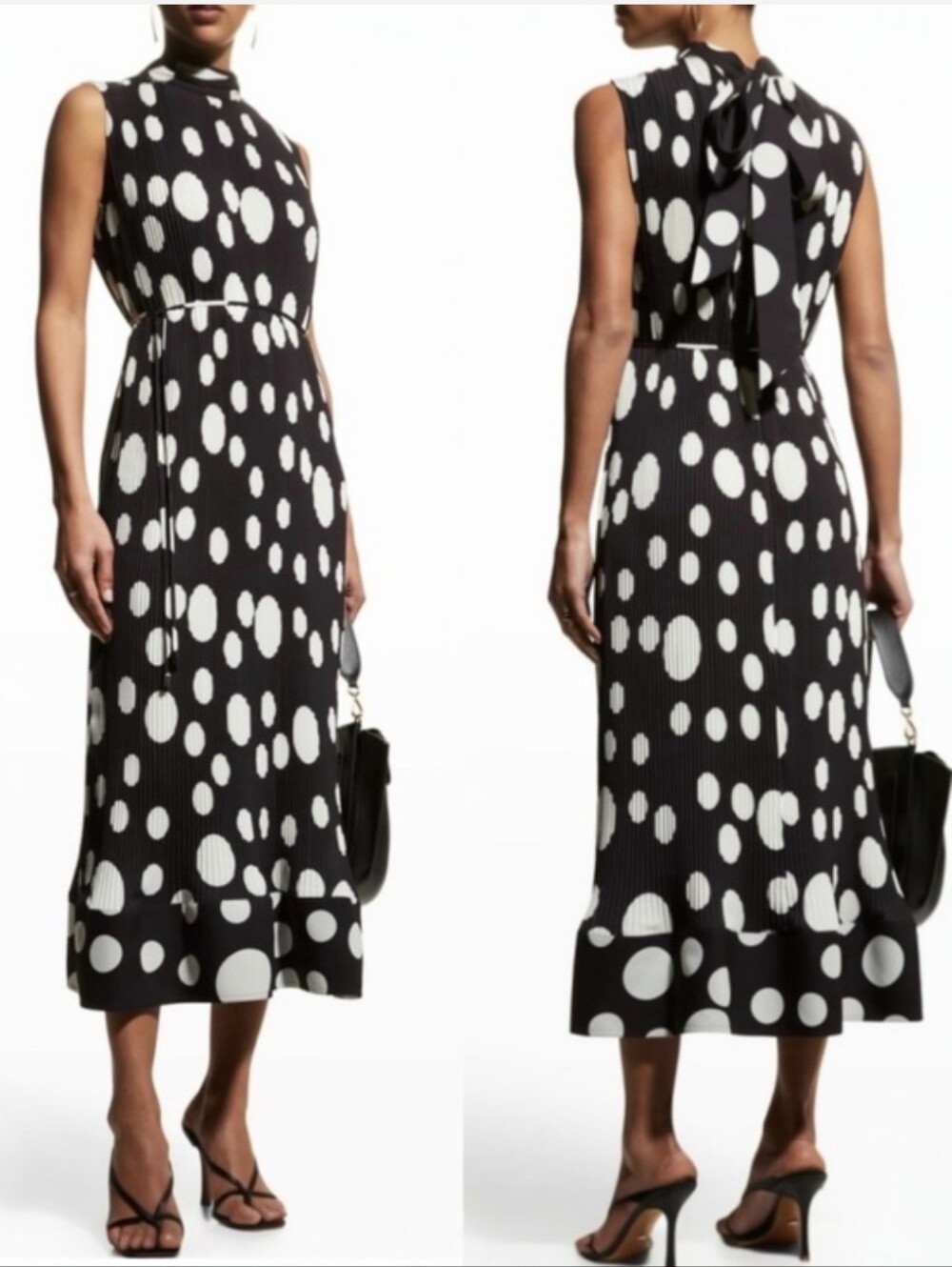 Milly Dress Melina Black & Ivory Polka Dot Pleated Midi Size 6 NEW